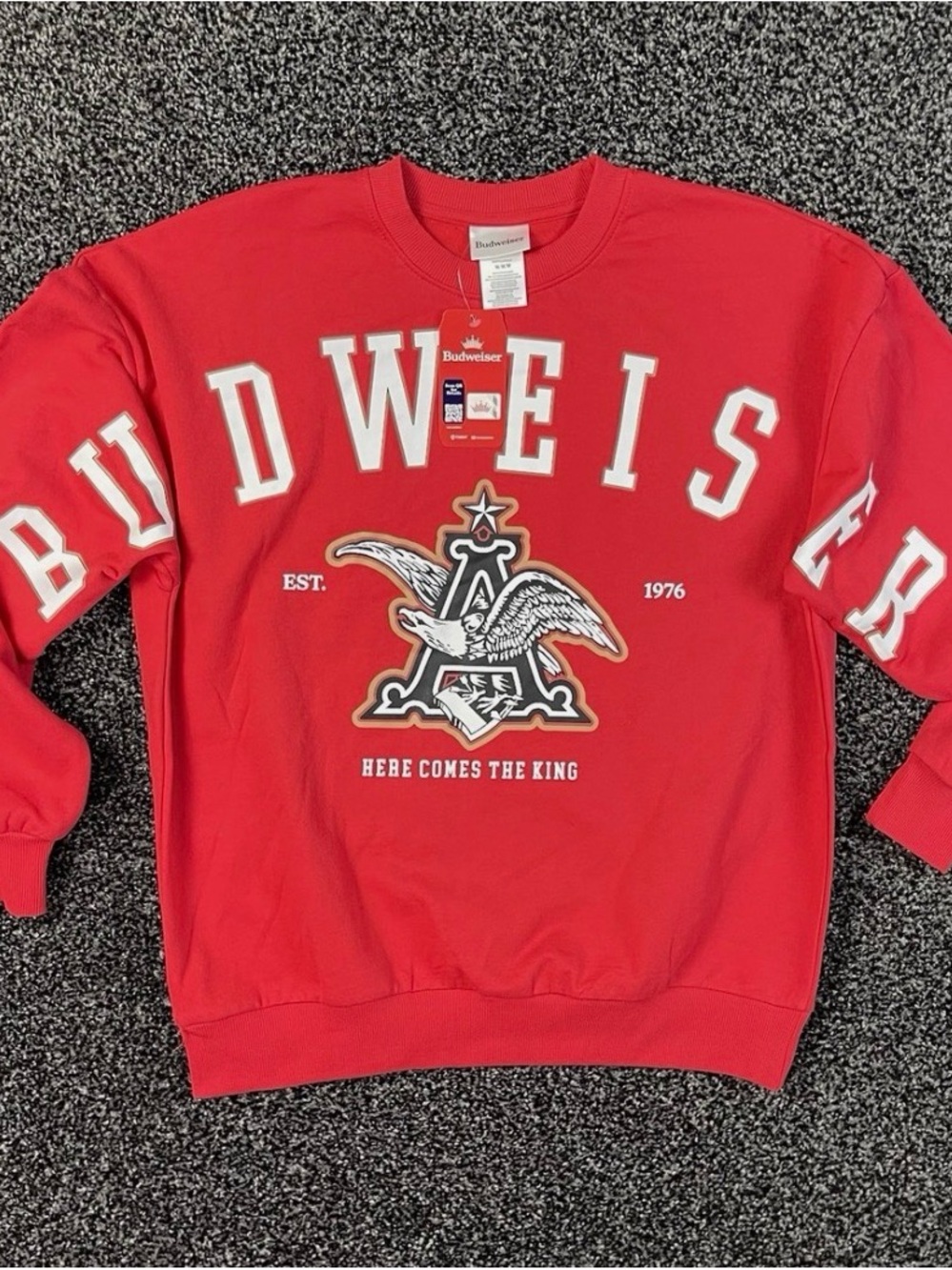 Budweiser Red Crewneck with White Lettering and Gold Accent Crest